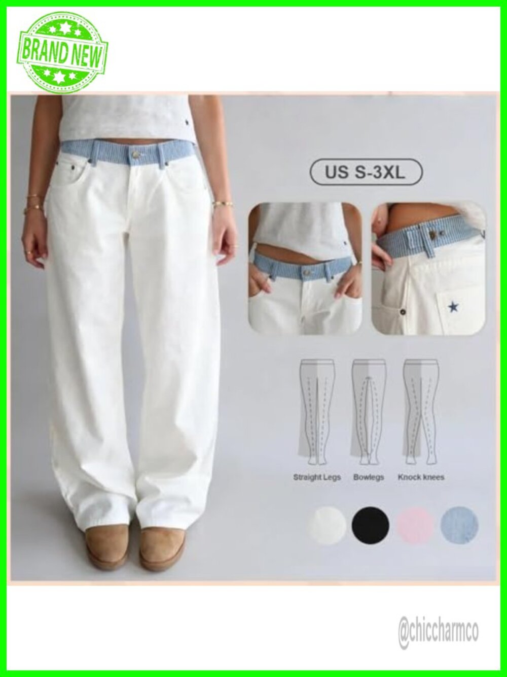 Womens Adjustable Mid Rise Wide Leg Jeans Baggy Denim Pants - Picture 2 of 6